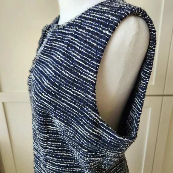Tweed Fall Sheath Dress Navy Blue White Stripes Sleeveless Fringe Paris Size 10 - Picture 5 of 17
